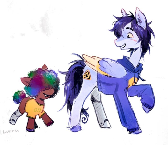 Size: 1640x1415 | Tagged: safe, artist:lutraviolet, derpibooru import, ponified, earth pony, pegasus, pony, afro, amputee, clothes, colored wings, duo, foal, hair over eyes, hoodie, image, jpeg, male, mcyt, pac (qsmp), prosthetic leg, prosthetic limb, prosthetics, qsmp, richarlyson (qsmp), scar, shirt, snaggletooth, stallion, t-shirt, torn ear, unshorn fetlocks, wings, youtuber