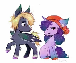 Size: 1679x1395 | Tagged: safe, artist:lutraviolet, derpibooru import, pegasus, pony, unicorn, beanie, beauty mark, chayanne (qsmp), chest fluff, colored wings, colt, duo, ear piercing, earring, female, filly, foal, hat, horn, image, jewelry, jpeg, male, mcyt, piercing, qsmp, scar, simple background, sitting, tallulah (qsmp), unshorn fetlocks, white background, wings