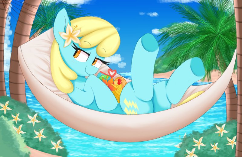 Size: 1538x1000 | Tagged: safe, artist:spoonie, ponerpics import, sassaflash, pegasus, pony, beach, flower, flower in hair, hammock, image, png, solo