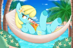 Size: 1538x1000 | Tagged: safe, artist:spoonie, ponerpics import, sassaflash, pegasus, pony, beach, flower, flower in hair, hammock, image, png, solo