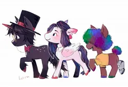 Size: 2015x1372 | Tagged: safe, artist:lutraviolet, derpibooru import, ponified, earth pony, pegasus, pony, unicorn, afro, amputee, bowtie, clothes, coat markings, colt, dapper (qsmp), dappled, ear fluff, ear piercing, earring, female, filly, foal, hat, horn, image, jewelry, jpeg, male, mcyt, monocle, piercing, pomme (qsmp), prosthetic leg, prosthetic limb, prosthetics, qsmp, richarlyson (qsmp), shirt, snaggletooth, t-shirt, top hat, torn ear, trio, unshorn fetlocks