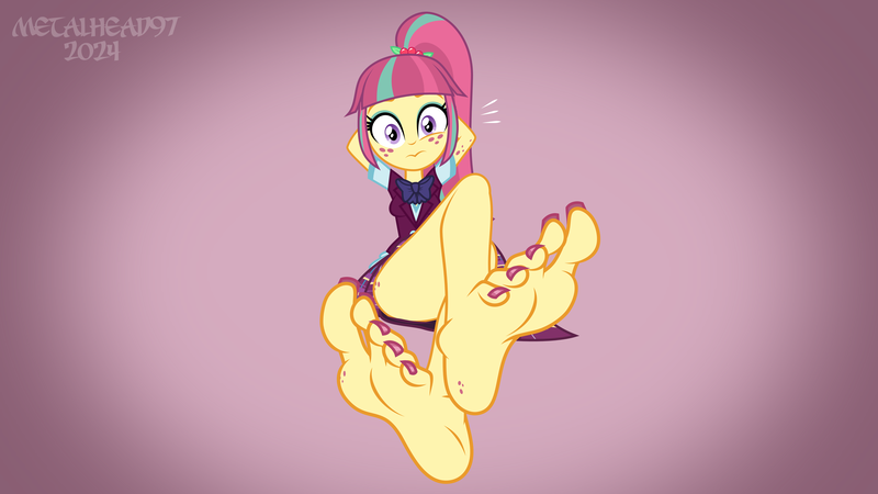 Size: 8000x4500 | Tagged: suggestive, artist:metalhead97, derpibooru import, sour sweet, human, equestria girls, equestria girls series, friendship games, clothes, commission, crossed legs, crystal prep academy uniform, feet, female, freckles, g4, gradient background, grin, image, interpretation, nail polish, nervous, nervous grin, png, ponytail, redraw, school uniform, show accurate, simple background, skirt, smiling, solo, solo female, spreading, strategically covered, surprised, toenail polish, uniform