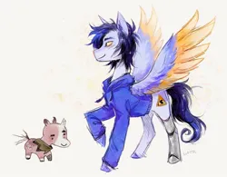 Size: 1303x1018 | Tagged: safe, artist:lutraviolet, derpibooru import, ponified, pegasus, pony, unicorn, amputee, broken horn, cloak, clothes, colored wings, duo, eye scar, facial scar, fitmc, gay, hoodie, horn, image, jpeg, male, mcyt, meme, pac (qsmp), prosthetic leg, prosthetic limb, prosthetics, qsmp, scar, shipping, spread wings, stallion, the bride and the ugly ass groom, torn ear, unshorn fetlocks, wings, youtuber