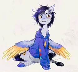 Size: 1040x964 | Tagged: safe, artist:lutraviolet, derpibooru import, ponified, pegasus, pony, amputee, clothes, colored wings, hoodie, image, jpeg, male, mcyt, pac (qsmp), prosthetic leg, prosthetic limb, prosthetics, qsmp, scar, sitting, solo, spread wings, stallion, torn ear, wings, youtuber