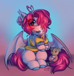 Size: 1994x2048 | Tagged: safe, artist:lerkfruitbat, derpibooru import, oc, unofficial characters only, bat pony, pony, blushing, clothes, drink, ear piercing, ear tufts, earring, eye clipping through hair, eyebrows, eyebrows visible through hair, female, floating heart, heart, image, jewelry, jpeg, looking at you, mare, mug, piercing, plushie, sitting, solo, sweater, teddy bear, unshorn fetlocks