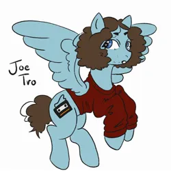 Size: 2000x2000 | Tagged: safe, artist:lastmidtownshowmp3, derpibooru import, ponified, pegasus, pony, blue coat, blue eyes, clothes, curly hair, fall out boy, flying, image, joe trohman, jpeg, looking sideways, midair, name, simple background, solo, spread wings, sweater, white background, wings