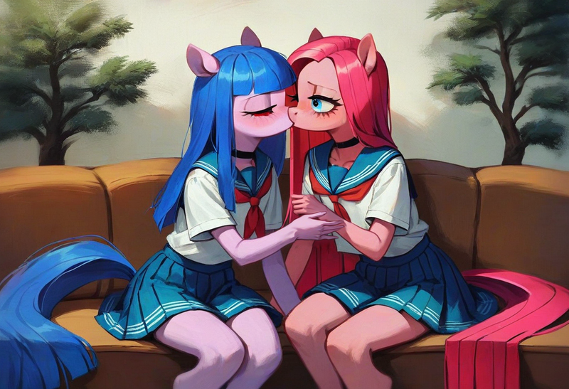 Size: 1216x832 | Tagged: safe, ai content, derpibooru import, machine learning generated, prompter:kopaleo, stable diffusion, pinkie pie, oc, oc:cosmia nebula, anthro, clothes, female, generator:pony diffusion v6 xl, image, kissing, lesbian, pinkamena diane pie, png, prompt in description, school uniform