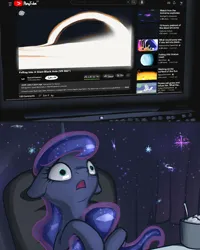 Size: 2316x2899 | Tagged: safe, artist:ciborgen, derpibooru import, princess luna, alicorn, pony, black hole, computer, female, floppy ears, g4, high res, hug, image, mare, open mouth, png, solo, tail, tail hug, youtube