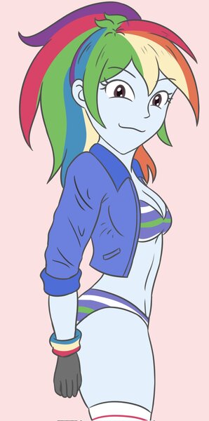 Size: 1017x2048 | Tagged: suggestive, artist:sumin6301, derpibooru import, rainbow dash, human, equestria girls, 2d, belly button, breasts, busty rainbow dash, cleavage, clothes, female, g4, image, jacket, jpeg, looking at you, midriff, multicolored hair, panties, pink background, ponytail, simple background, smiling, smiling at you, socks, striped bra, striped panties, striped underwear, thigh highs, underwear, wristband