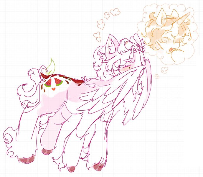 Size: 1088x948 | Tagged: safe, artist:meykeyii, derpibooru import, oc, unofficial characters only, pegasus, pony, unicorn, blushing, colored sketch, duo, female, horn, image, jpeg, mare, sketch, thought bubble, unshorn fetlocks