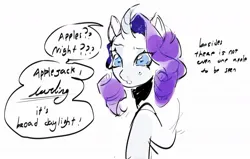 Size: 1249x792 | Tagged: safe, artist:meykeyii, derpibooru import, rarity, pony, unicorn, confused, curved horn, dialogue, female, g4, horn, image, implied applejack, implied lesbian, implied rarijack, implied shipping, jpeg, mare, offscreen character, simple background, solo, speech bubble, sweat, white background