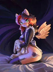 Size: 2049x2778 | Tagged: suggestive, artist:mrscroup, derpibooru import, oc, unofficial characters only, anthro, pegasus, abstract background, ass, breasts, butt, clothes, commission, eye clipping through hair, eyebrows, eyebrows visible through hair, female, floating wings, image, jpeg, kneeling, knife, looking at you, maid, plushie, scabbard, solo, thighs, wings, ych result