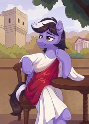 Size: 1779x2480 | Tagged: safe, artist:skysorbett, derpibooru import, oc, oc:violett spectrum, unofficial characters only, pegasus, pony, building, chair, clothes, folded wings, greek, greek clothes, greek mythology, image, male, pegasus oc, png, sitting, smiling, solo, stallion, table, toga, tree, wings