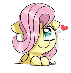 Size: 1760x1805 | Tagged: safe, artist:flutterbug18, derpibooru import, fluttershy, pegasus, pony, cute, daaaaaaaaaaaw, female, floating heart, floppy ears, hair over one eye, heart, image, looking up, mare, png, shyabetes, signature, simple background, smiling, solo, white background