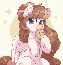 Size: 1920x2000 | Tagged: safe, artist:skysorbett, derpibooru import, oc, oc:strawberry milk, unofficial characters only, pegasus, pony, beige coat, brown mane, brown tail, clothes, cookie, ear piercing, eating, facial markings, female, food, image, looking at you, mare, pegasus oc, piercing, png, scarf, simple background, smiling, solo, sparkles, tail, wings