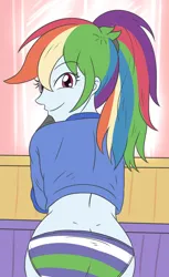 Size: 2030x3307 | Tagged: suggestive, artist:sumin6301, derpibooru import, rainbow dash, equestria girls, 2d, bangs, clothes, female, g4, image, indoors, jacket, jpeg, looking at you, looking back, panties, ponytail, smiling, smiling at you, solo, striped panties, striped underwear, stupid sexy rainbow dash, underwear