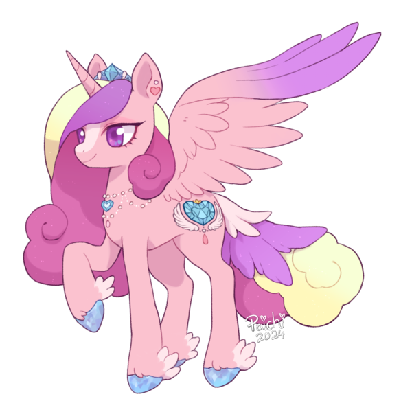 Size: 1752x1800 | Tagged: safe, artist:paichitaron, derpibooru import, princess cadance, alicorn, pony, alternate design, blaze (coat marking), coat markings, facial markings, female, image, jewelry, mare, necklace, outline, png, simple background, smiling, solo, spread wings, tail, tail feathers, tiara, transparent background, unshorn fetlocks, white outline, winged hooves, wings
