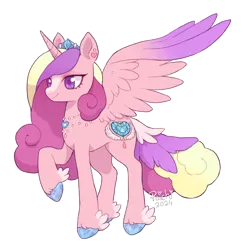 Size: 1752x1800 | Tagged: safe, artist:paichitaron, derpibooru import, princess cadance, alicorn, pony, alternate design, blaze (coat marking), coat markings, facial markings, female, image, jewelry, mare, necklace, outline, png, simple background, smiling, solo, spread wings, tail, tail feathers, tiara, transparent background, unshorn fetlocks, white outline, winged hooves, wings