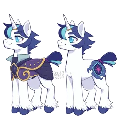 Size: 1752x1800 | Tagged: safe, artist:paichitaron, derpibooru import, shining armor, pony, unicorn, alternate design, alternate hairstyle, armor, eyebrows, eyebrows visible through hair, horn, horn ring, image, jewelry, male, outline, png, ring, short mane, simple background, smiling, solo, stallion, stubble, transparent background, white outline