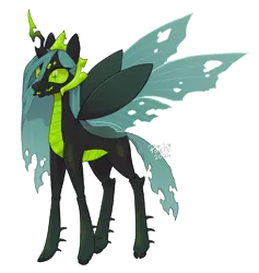 Size: 1990x2096 | Tagged: safe, artist:paichitaron, derpibooru import, queen chrysalis, changeling, changeling queen, alternate design, fangs, female, green sclera, image, outline, png, simple background, slit pupils, solo, spread wings, transparent background, white outline, wings
