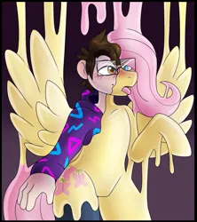 Size: 1137x1280 | Tagged: safe, artist:icefire, derpibooru import, fluttershy, human, pegasus, pony, bipedal, blushing, g4, glasses, gradient background, human to pony, image, jpeg, open mouth, paint tf, paint transformation, tongue out, transformation