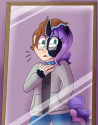 Size: 939x1200 | Tagged: safe, artist:icefire, derpibooru import, nightmare rarity, human, pony, unicorn, g4, glasses, horn, human to pony, image, mirror, png, possession, transformation, transformation sequence
