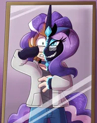 Size: 940x1200 | Tagged: safe, artist:icefire, derpibooru import, nightmare rarity, human, pony, unicorn, evil grin, g4, glasses, grin, horn, human to pony, image, mirror, png, possession, smiling, transformation, transformation sequence