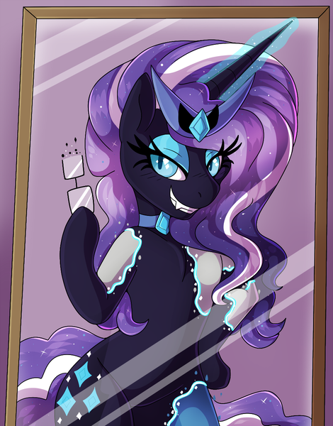 Size: 939x1200 | Tagged: safe, artist:icefire, derpibooru import, nightmare rarity, human, pony, unicorn, bipedal, evil grin, g4, glasses, grin, horn, human to pony, image, mirror, png, possession, smiling, transformation, transformation sequence