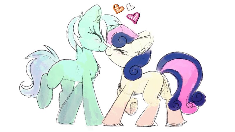 Size: 3840x2160 | Tagged: safe, artist:littleblackraencloud, derpibooru import, bon bon, lyra heartstrings, sweetie drops, earth pony, pony, unicorn, boop, duo, eyes closed, female, g4, happy, heart, horn, image, jpeg, lesbian, lyrabon, noseboop, nuzzling, shipping, simple background, smiling, white background