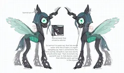 Size: 1700x1000 | Tagged: safe, alternate version, artist:emptygoldstudio, derpibooru import, queen chrysalis, changeling, changeling queen, alternate hairstyle, female, g4, image, looking at you, mlp infection, png, short mane, simple background, solo, teeth, text, torn ear, white background