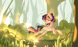 Size: 1600x962 | Tagged: safe, artist:kingdom, derpibooru import, oc, unofficial characters only, earth pony, pony, bush, forest, grass, image, jpeg, nature, outdoors, running, smiling, solo, tree
