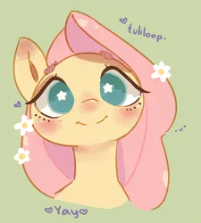 Size: 2899x3226 | Tagged: safe, artist:ponyix, derpibooru import, fluttershy, pegasus, pony, blushing, bust, cute, female, flower, flower in hair, green background, image, jpeg, looking at you, mare, nose blush, shyabetes, simple background, smiling, smiling at you, solo, starry eyes, wingding eyes, yay
