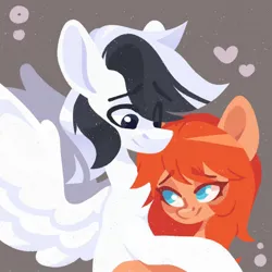Size: 1500x1500 | Tagged: safe, artist:kingdom, derpibooru import, oc, unofficial characters only, pony, duo, female, image, jpeg, male, mare, orange coat, shipping, smiling, stallion, straight, white coat, wings