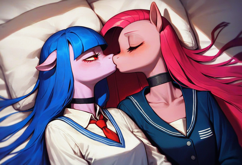 Size: 1216x832 | Tagged: safe, ai content, derpibooru import, machine learning generated, prompter:kopaleo, stable diffusion, pinkie pie, oc, oc:cosmia nebula, anthro, clothes, female, generator:pony diffusion v6 xl, image, kissing, lesbian, pinkamena diane pie, png, prompt in description, school uniform