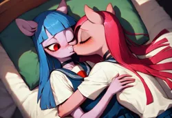 Size: 1216x832 | Tagged: safe, ai content, derpibooru import, machine learning generated, prompter:kopaleo, stable diffusion, pinkie pie, oc, oc:cosmia nebula, anthro, clothes, female, generator:pony diffusion v6 xl, image, kissing, lesbian, pinkamena diane pie, png, prompt in description, school uniform