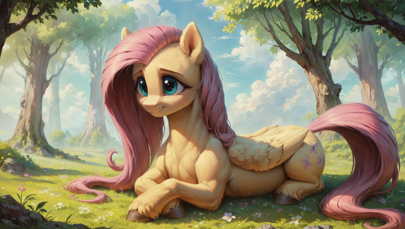 Size: 1920x1088 | Tagged: safe, ai content, derpibooru import, generator:autismmixconfetti, machine learning assisted, machine learning generated, prompter:truekry, stable diffusion, fluttershy, pegasus, pony, blushing, cloud, cute, folded wings, g4, grass, image, lying down, meadow, png, ponyloaf, prone, shyabetes, sky, smiling, solo, tree, wallpaper, wings