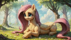 Size: 1920x1088 | Tagged: safe, ai content, derpibooru import, generator:autismmixconfetti, machine learning assisted, machine learning generated, prompter:truekry, stable diffusion, fluttershy, pegasus, pony, blushing, cloud, cute, folded wings, g4, grass, image, lying down, meadow, png, ponyloaf, prone, shyabetes, sky, smiling, solo, tree, wallpaper, wings