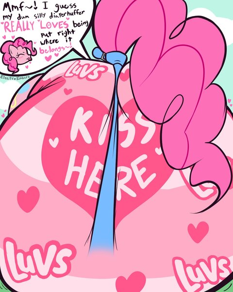 Size: 1200x1500 | Tagged: questionable, artist:electroembers, derpibooru import, pinkie pie, earth pony, pony, diaper, diaper fetish, female, fetish, image, impossibly large diaper, jpeg, leash, poofy diaper, solo, solo female, speech bubble, viewer on leash
