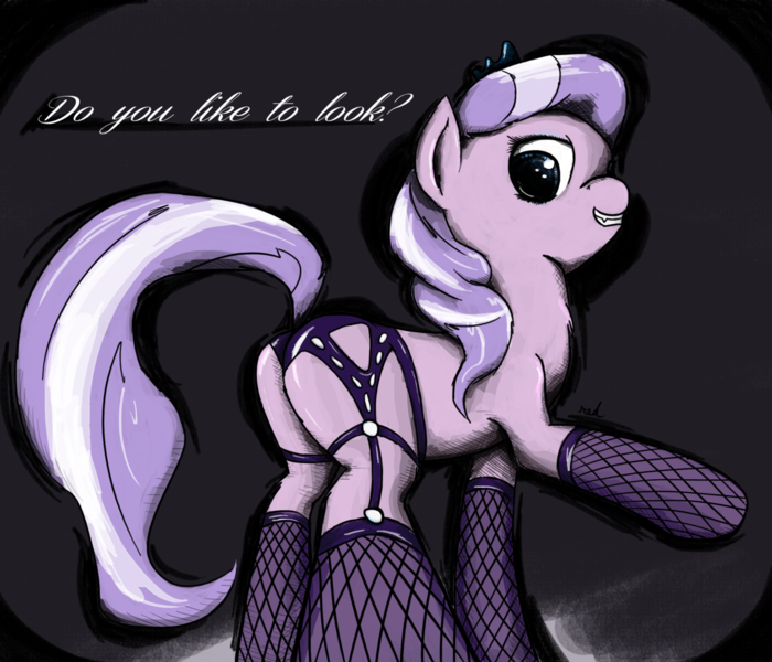 Size: 1280x1097 | Tagged: artist needed, questionable, diamond tiara, earth pony, pony, clothes, dark background, dialogue, female, filly, fishnets, foal, garter belt, image, looking at you, panties, png, raised tail, smiling, tail, text, tumblr, underage, underwear