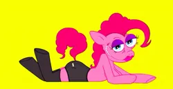 Size: 589x305 | Tagged: suggestive, artist:valorous_kid, derpibooru import, pinkie pie, anthro, earth pony, unguligrade anthro, .mov, party.mov, bedroom eyes, breasts, clothes, eyeshadow, female, g4, image, jpeg, lipstick, looking at you, lying down, makeup, panties, prone, simple background, socks, solo, style emulation, underwear, yellow background