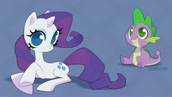 Size: 3658x2084 | Tagged: safe, artist:valorous_kid, derpibooru import, rarity, spike, dragon, pony, unicorn, abstract background, duo, female, g4, horn, image, jpeg, lying down, male, mare, prone, sitting