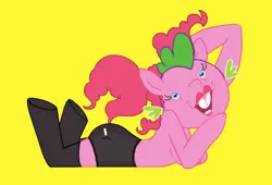 Size: 451x307 | Tagged: suggestive, alternate version, artist:valorous_kid, derpibooru import, pinkie pie, anthro, .mov, party.mov, alternate hairstyle, breasts, bucktooth, clothes, female, image, jpeg, lying down, panties, partial nudity, prone, simple background, socks, solo, style emulation, topless, underwear, yellow background
