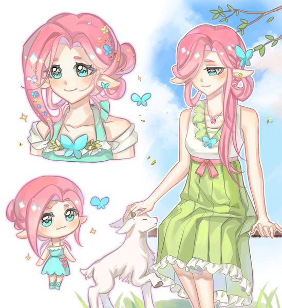 Size: 1282x1401 | Tagged: safe, artist:qiongyu61402, derpibooru import, fluttershy, butterfly, goat, human, insect, chibi, clothes, dress, elf ears, humanized, image, petting, png, sky background, smiling, sparkles, tree branch