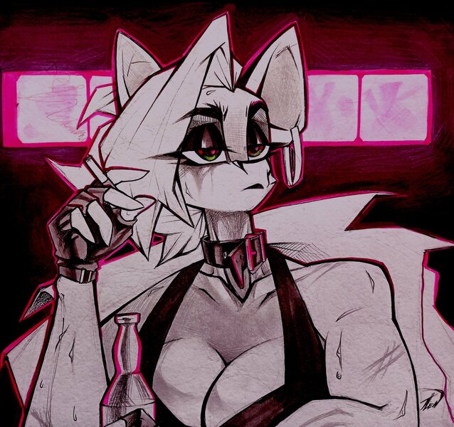 Size: 2048x1927 | Tagged: safe, artist:tlen borowski, derpibooru import, oc, oc:tlen borowski, unofficial characters only, anthro, big ears, bottle, breasts, cigarette, cigarette smoke, cleavage, clothes, coat, collar, ear piercing, eyeliner, eyeshadow, female, fingerless gloves, gachimuchi, gloves, green eyes, image, jpeg, makeup, muscles, muscular female, overcoat, piercing, solo, sweat