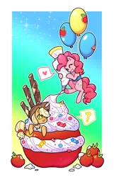 Size: 1800x2800 | Tagged: safe, artist:shedu256, derpibooru import, applejack, pinkie pie, earth pony, pony, apple, balloon, cream, eyes closed, female, food, giant apple, gradient background, grin, heart, image, mare, open mouth, outline, passepartout, png, question mark, smiling, speech bubble, white outline