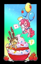 Size: 1800x2800 | Tagged: safe, alternate version, artist:shedu256, derpibooru import, applejack, pinkie pie, earth pony, pony, apple, balloon, cream, eyes closed, female, food, giant apple, gradient background, grin, heart, image, mare, open mouth, outline, passepartout, png, question mark, smiling, speech bubble, white outline