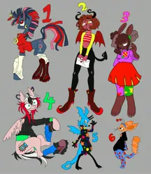 Size: 2670x3087 | Tagged: safe, artist:eyerealm, derpibooru import, oc, unofficial characters only, anthro, dragon, pegasus, pony, rabbit, unicorn, adoptable, animal, clothes, ear piercing, earring, female, furry, gray background, hoof shoes, horn, horn ring, image, jacket, jewelry, jpeg, leg warmers, necklace, piercing, ring, simple background, sitting, socks, sweater