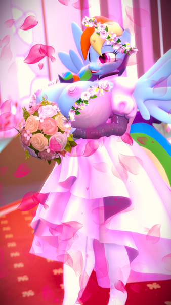 Size: 1080x1920 | Tagged: questionable, derpibooru import, rainbow dash, anthro, pegasus, big breasts, bimbo dash, bouquet of flowers, breasts, busty rainbow dash, carpet, clothes, dress, exposed breasts, floral head wreath, flower, flower in hair, flower petals, gravity-defying breasts, high heels, huge breasts, image, marriage, nipples, nudity, png, red carpet, shoes, solo, wedding, wedding dress