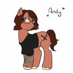 Size: 2000x2000 | Tagged: safe, artist:lastmidtownshowmp3, derpibooru import, ponified, earth pony, pony, andy hurley, black shirt, brown mane, brown tail, clothes, fall out boy, floating heart, flying, glasses, hazel eyes, heart, image, jpeg, looking sideways, name, shirt, simple background, solo, standing, t-shirt, tail, unshorn fetlocks, white background, white hooves
