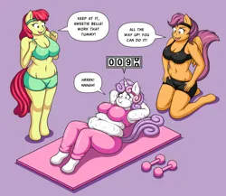 Size: 2300x2000 | Tagged: suggestive, artist:lordstormcaller, derpibooru import, apple bloom, scootaloo, sweetie belle, anthro, earth pony, pegasus, unguligrade anthro, unicorn, belly, big belly, breasts, busty apple bloom, busty sweetie belle, chubby, cutie mark crusaders, exercise, fat, g4, horn, image, jpeg, sweetie belly, weight gain